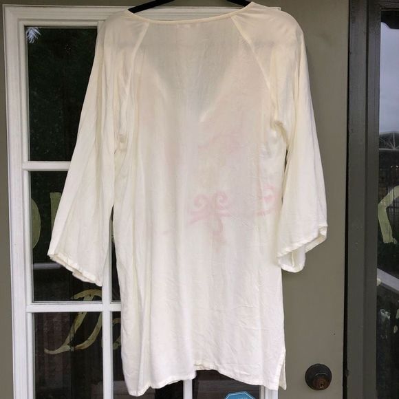 Anthropologie Mira Beige Bohemian Red Embroidered Tunic Rayon Blouse, Sz Medium - Picture 2 of 7